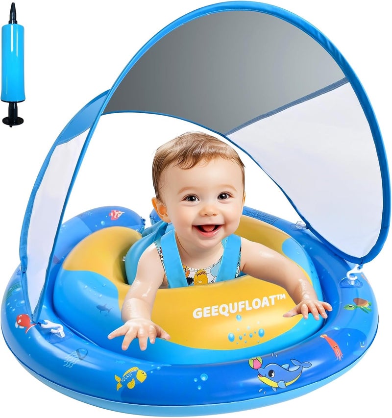 GEEQUFLOAT Baby Swimming Float,Anti-Rollover Design Toddler Pool Float,Extra Wide Baby Floaties 6-12 Months,Infant Pool Float and Removable UPF50+ Sun Protection Canopy,Adjustable Safety Seat,Toddler Floaties - Image 1